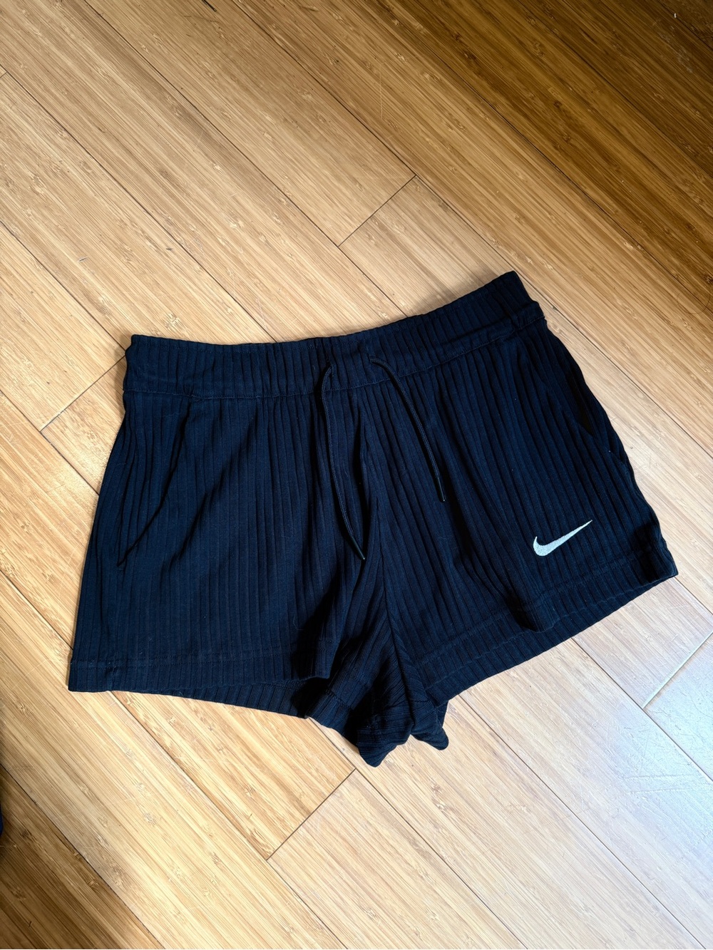 Nike Black Ribbed Drawstring Athletic Shorts with Swoosh